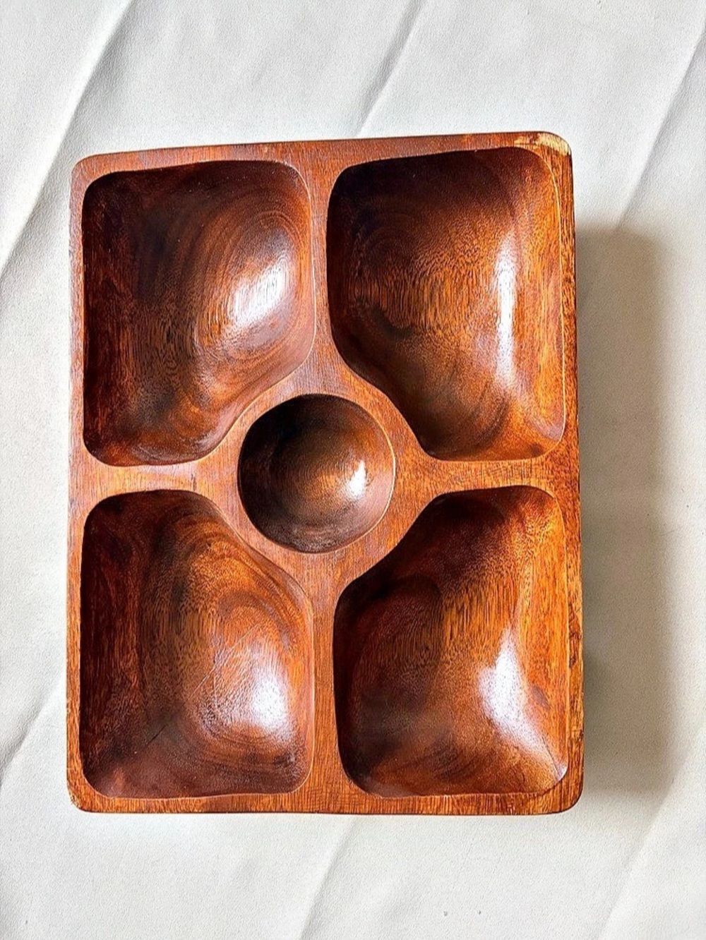 Vintage Wood Serving Tray with 5 Compartments in Brown